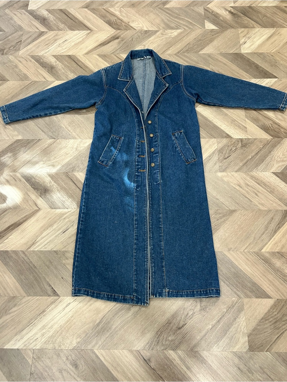 ⁠VTG Christopher & Banks Long Denim Duster Trench Coat S 100% Cotton 90s